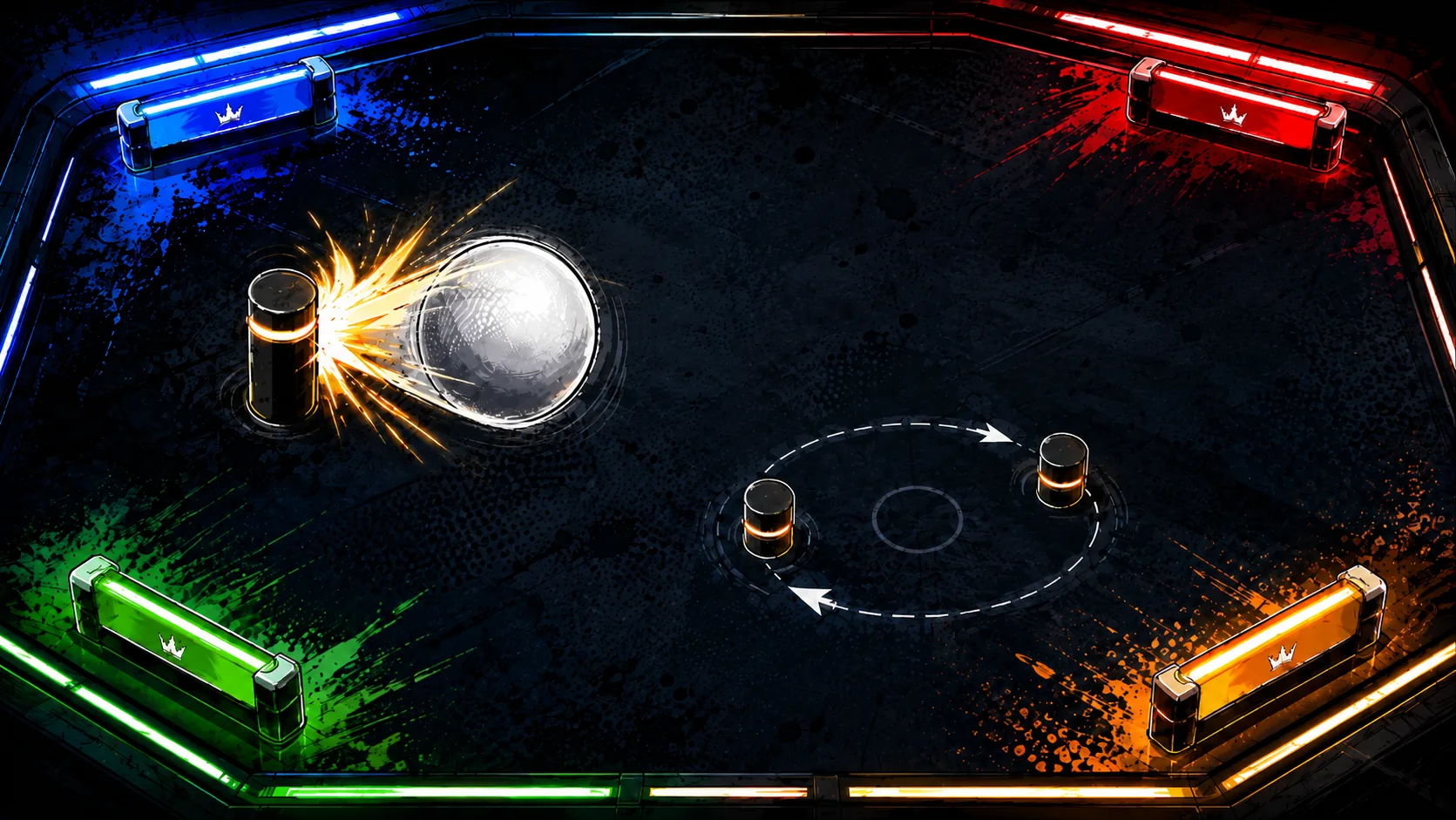 An illustrated metal arena with illuminated player paddles, a steel ball, and impact sparks.
