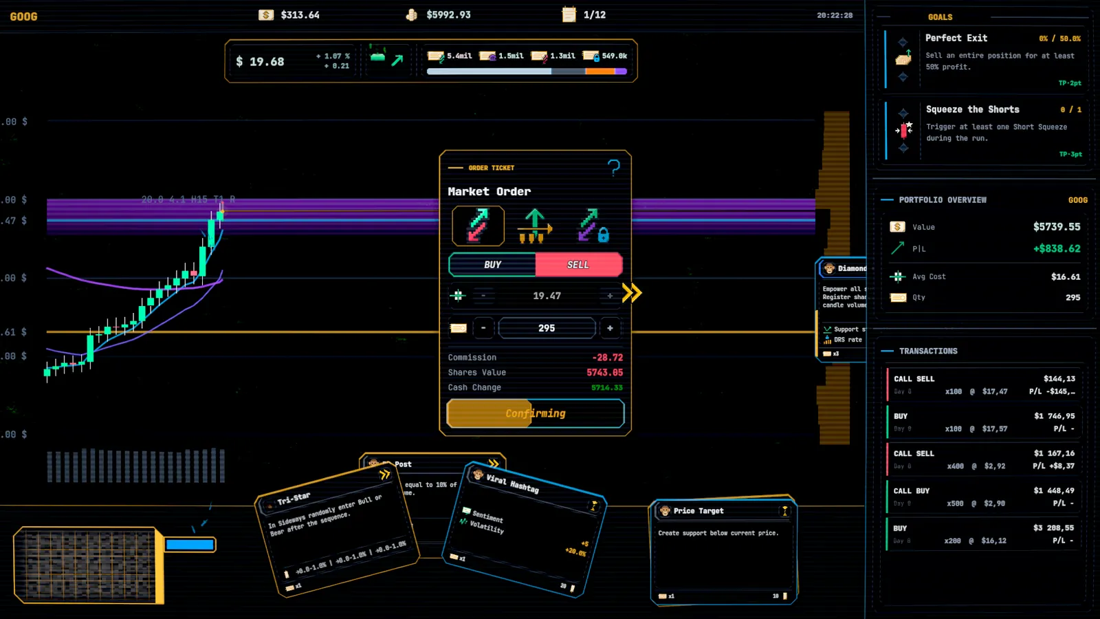 TICKER active market order screen showing a player action during a session.